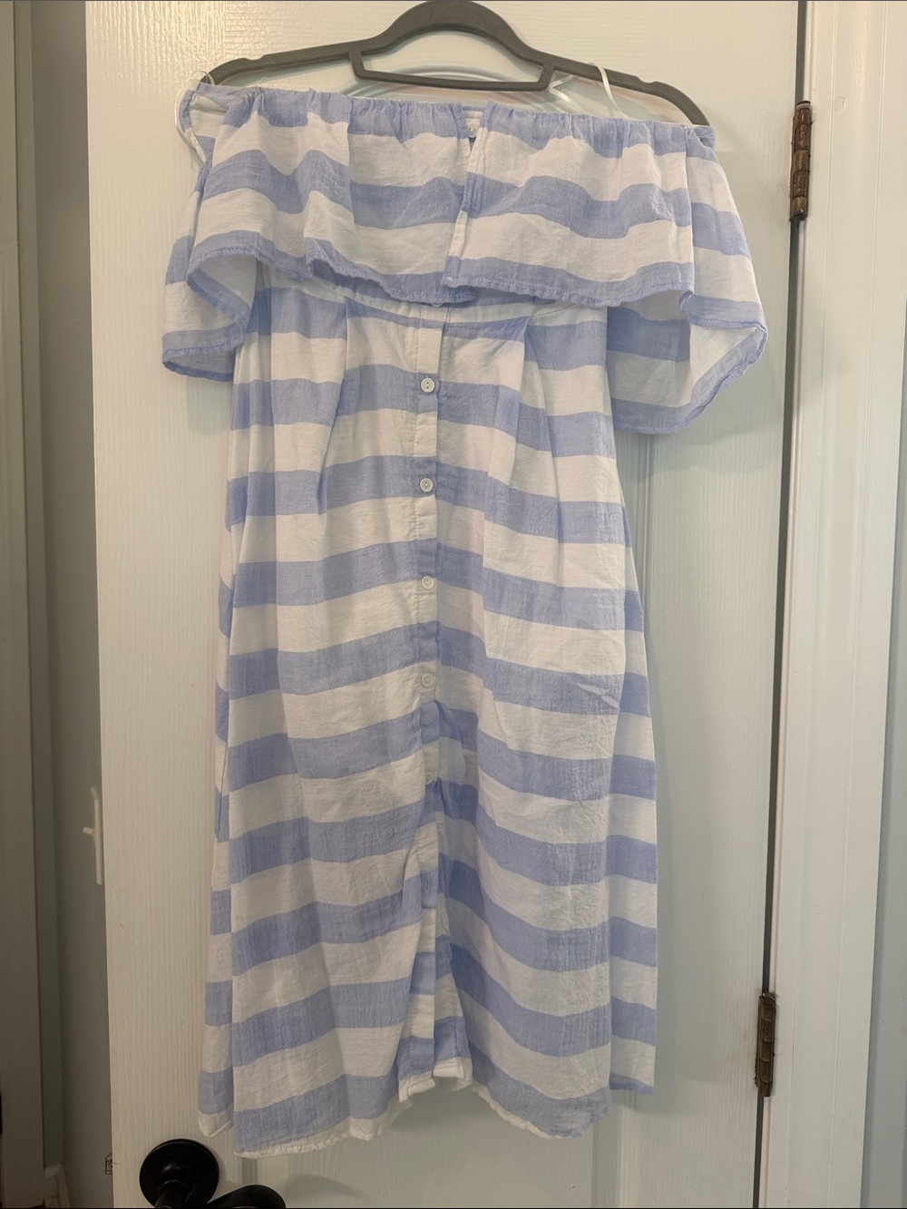 Lulus Off-Shoulder Blue and White Striped Button Front Dress
